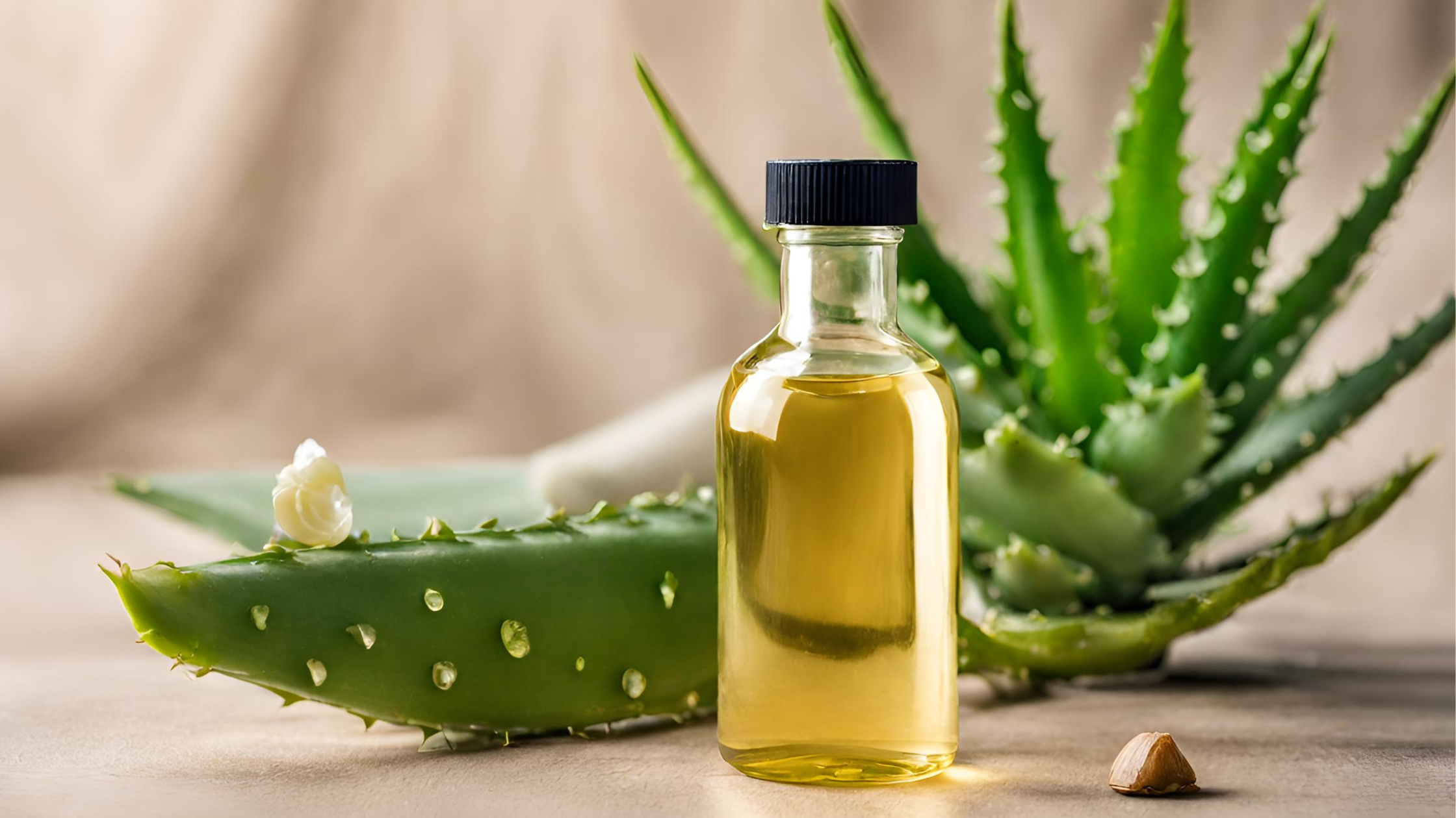 Castor oil bottle beside aloe vera, symbolizing natural skincare