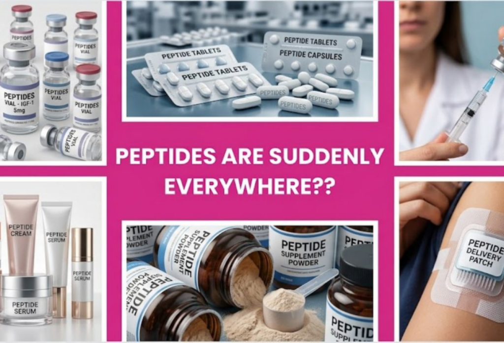 Collage of peptide vials, pills, creams, powders, and injection products with headline “Peptides Are Suddenly Everywhere??”