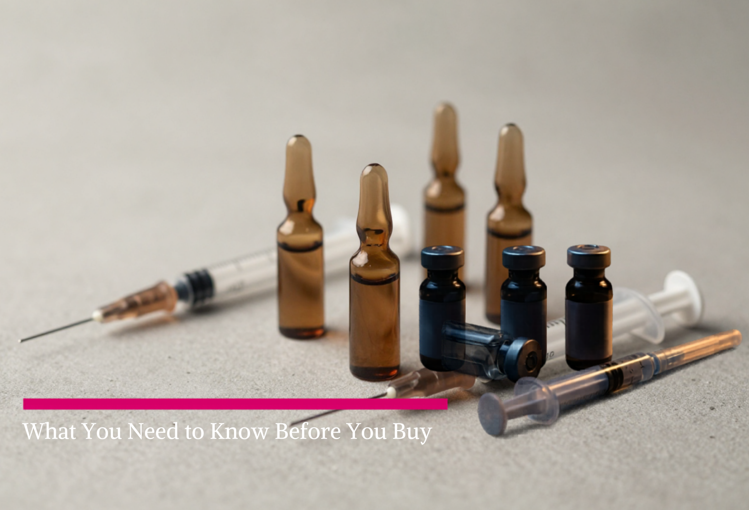 Peptide vials, ampoules, and syringes used for injectable peptide treatments.