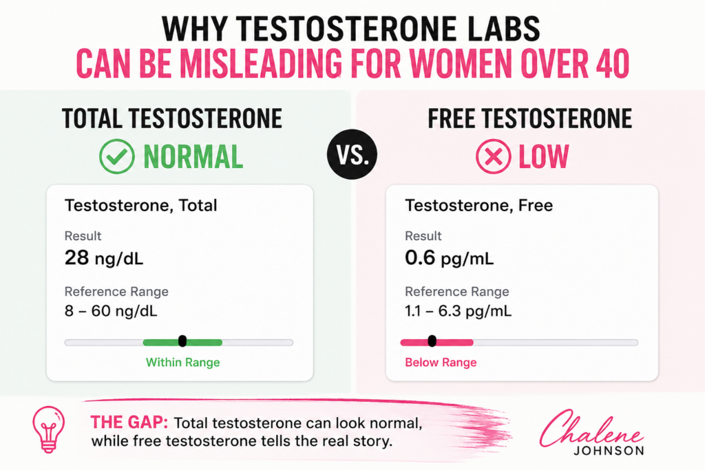 lab results comparison showing normal total testosterone versus low free testosterone illustrating why testosterone labs can be misleading for women over 40