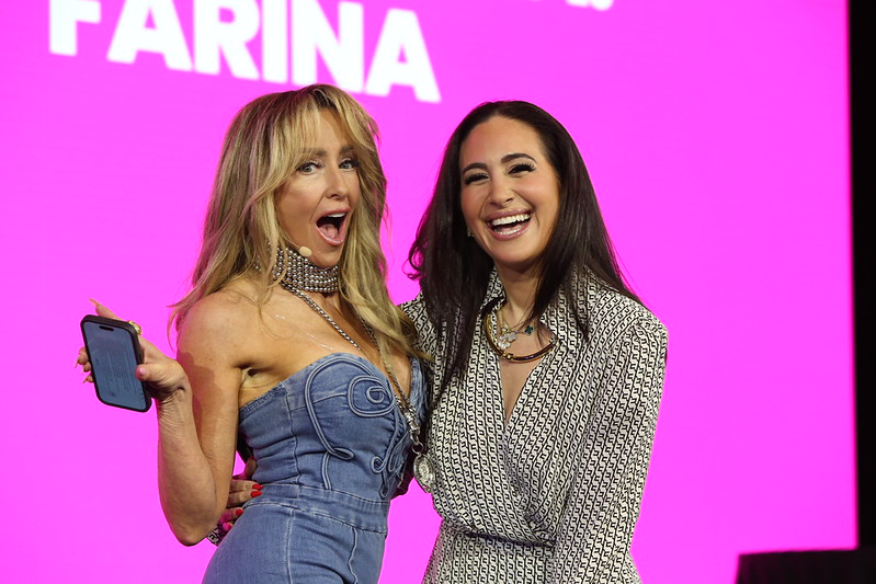 Chalene Johnson and Melinda Farina on stage at Camp Be More discussing plastic surgery